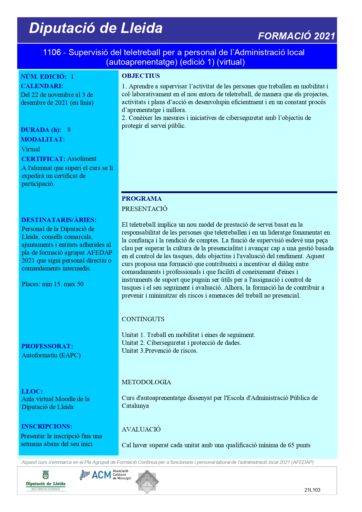 2021.11.006 - Supervisió del teletreball per a personal de l’Administració local (autoaprenentatge) (edició 1) (autoaprenentatge)